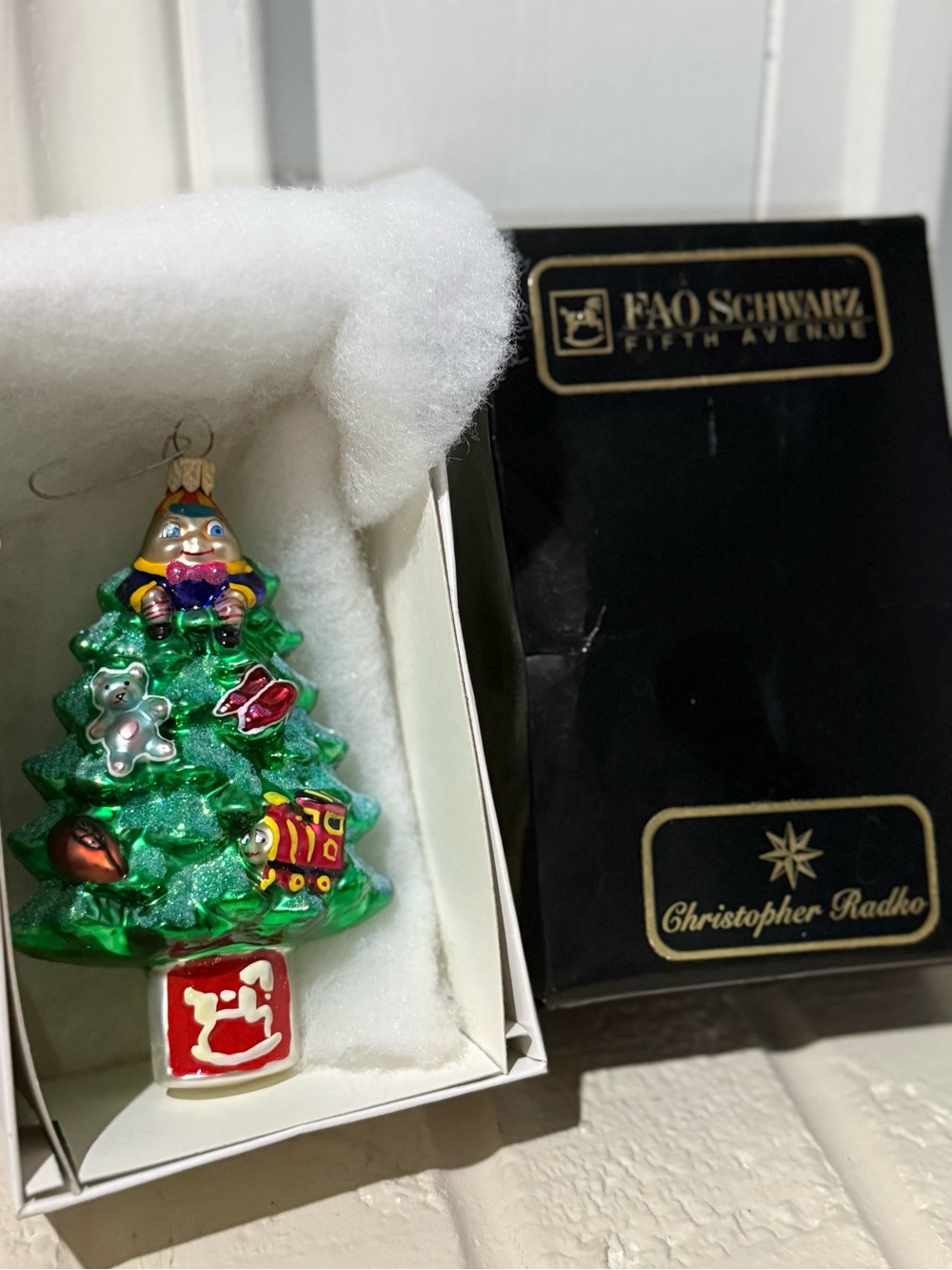 FAO Schwarz Green Glass Christmas Tree Ornament with Multi-Colored Accents